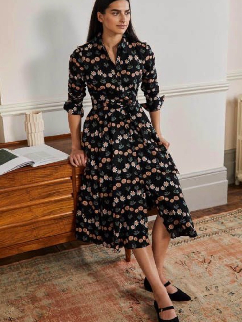 Boden Kitty Midi Shirt Dress Floral Button-Front with Tie Waist. Size 10R
